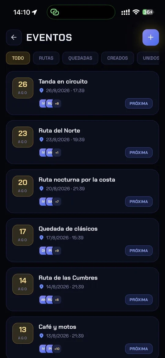 Lista de eventos con filtros de rutas y quedadas, fecha en ámbar y avatares de asistentes