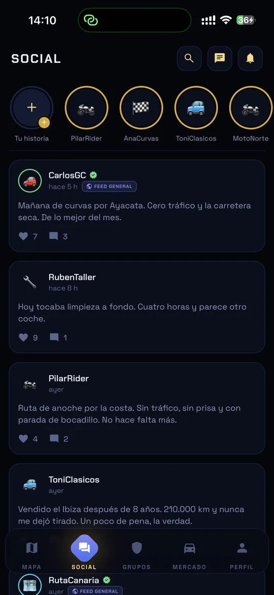 Muro social con publicaciones e historias de la gente a la que sigues